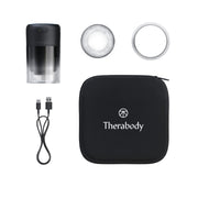 Therabody Theracup, two plastic cups, charging cable and carry case on a white background