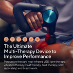 Load image into Gallery viewer, Man using Therabody Theragun Pro Plus to deliver percussive massage and red light therapy to his thigh accompanied by information on the types of therapies available