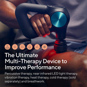 Man using Therabody Theragun Pro Plus to deliver percussive massage and red light therapy to his thigh accompanied by information on the types of therapies available