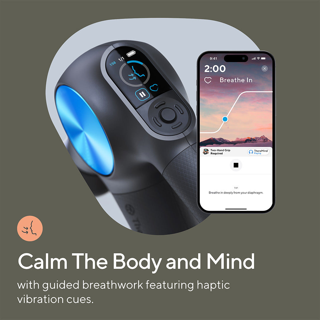 Close up of the LED screen on Therabody Theragun Pro Plus displaying instructions on breathwork, accompanied by a phone displaying the Therabody app which is also displaying breathwork instructions 