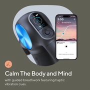Close up of the LED screen on Therabody Theragun Pro Plus displaying instructions on breathwork, accompanied by a phone displaying the Therabody app which is also displaying breathwork instructions 