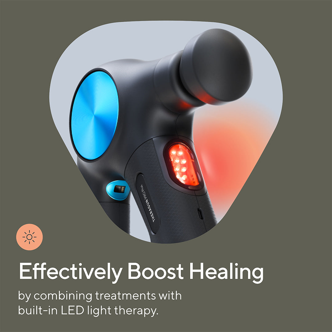 Close up of the front of Therabody Theragun Pro Plus accompanied by information on the benefits of using a massage gun and LED light therapy 