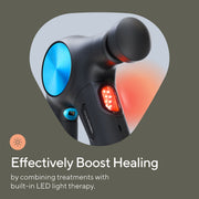 Close up of the front of Therabody Theragun Pro Plus accompanied by information on the benefits of using a massage gun and LED light therapy 