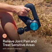 Woman using Therabody Theragun Pro Plus to deliver percussive massage and red light therapy to her leg accompanied by information on the benefits of using vibration therapy on a massage gun