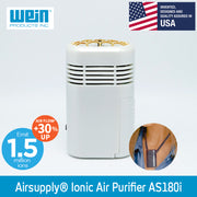 AirSupply AS180i Personal Ionic Air Purifier on a white background and a smaller image of a woman wearing it around her neck 