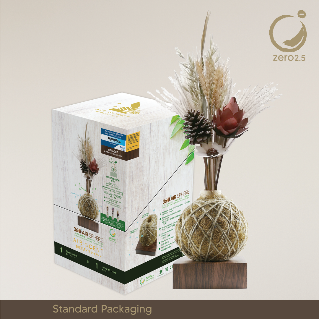 Zero 2.5 Air Scent - Natural Fiber-Based Ionizer beside its packaging box 