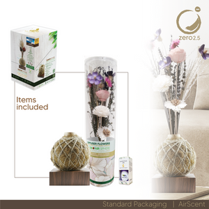 Zero 2.5 Air Scent - Natural Fiber-Based Ionizer beside its packaging box and scent bottle