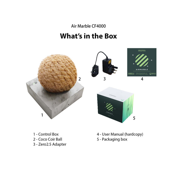 Image of Control box, coco coir ball, Zero 2.5, user manual and Air Marble CF4000 box on a white background